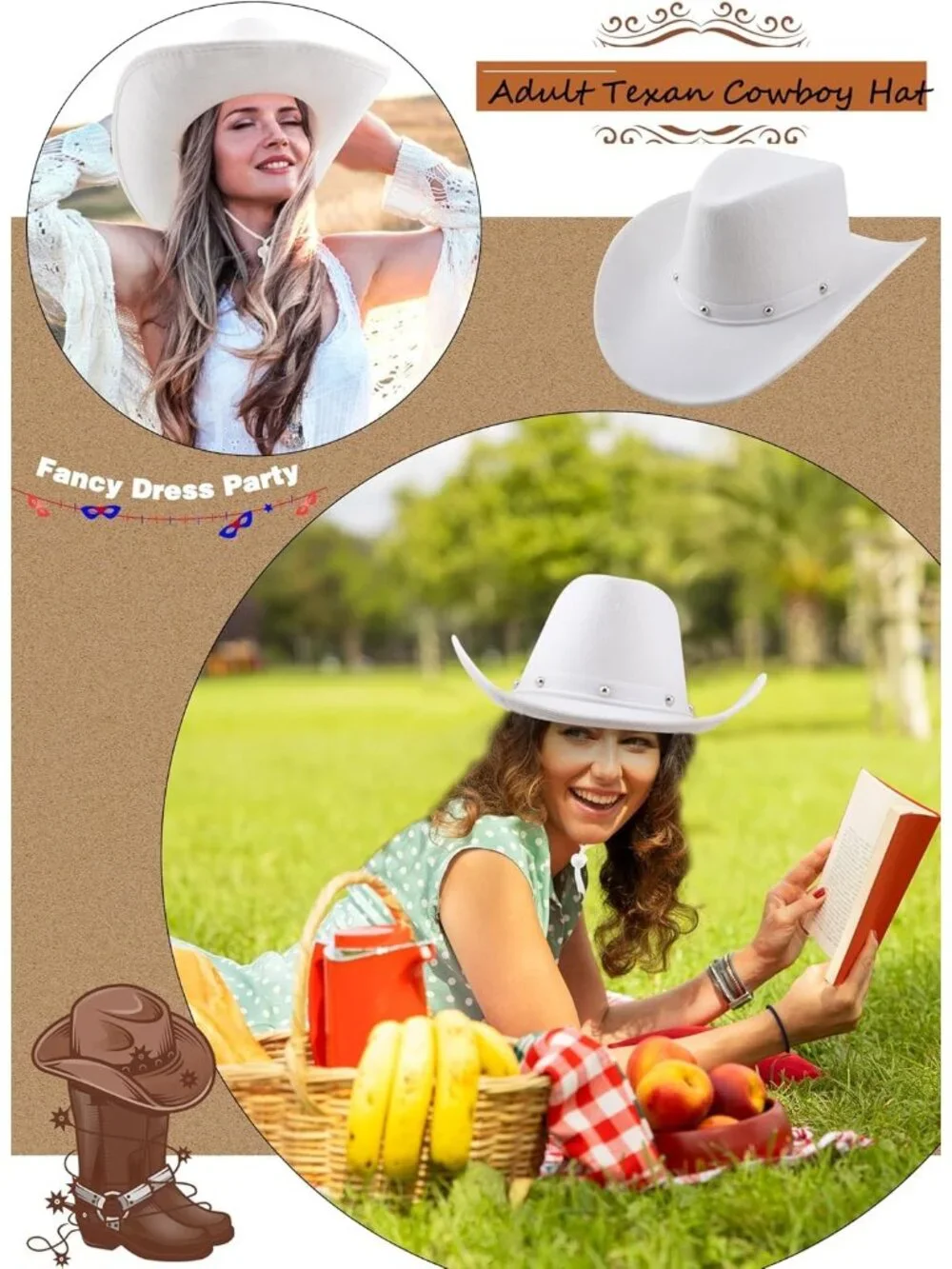 Men's White Felt Western Adult Dress up Costume Cowboy Hat 4 Pack